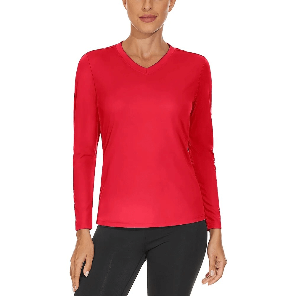 Red sun-protective sports women's top with long sleeves, breathable UPF 50+ polyester, ideal for hiking adventures. SF1739