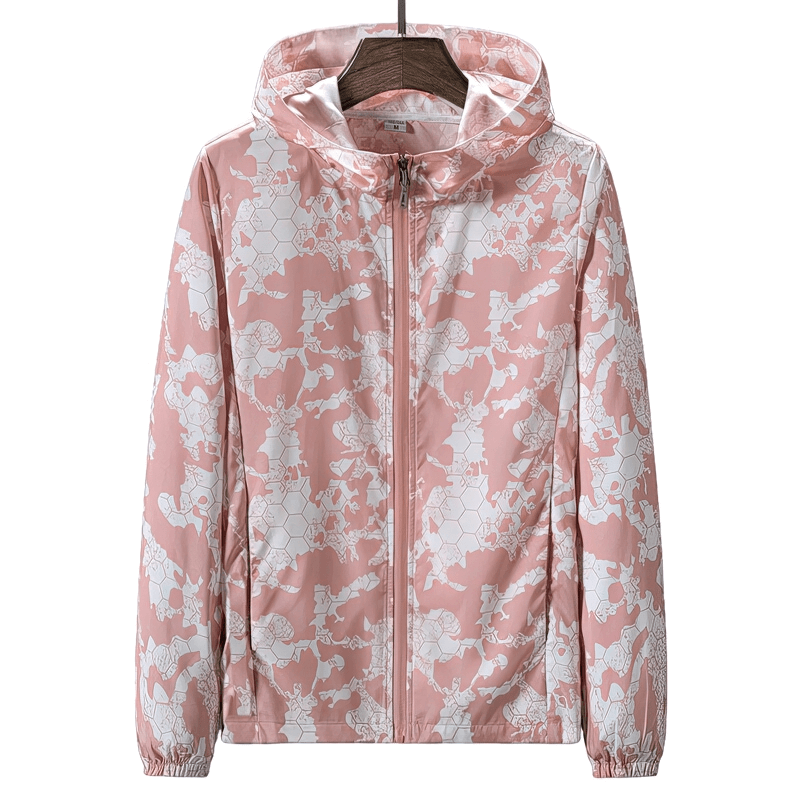Sun-protective waterproof women's windbreaker jacket with zipper, pink floral design, lightweight and ideal for outdoor adventures.