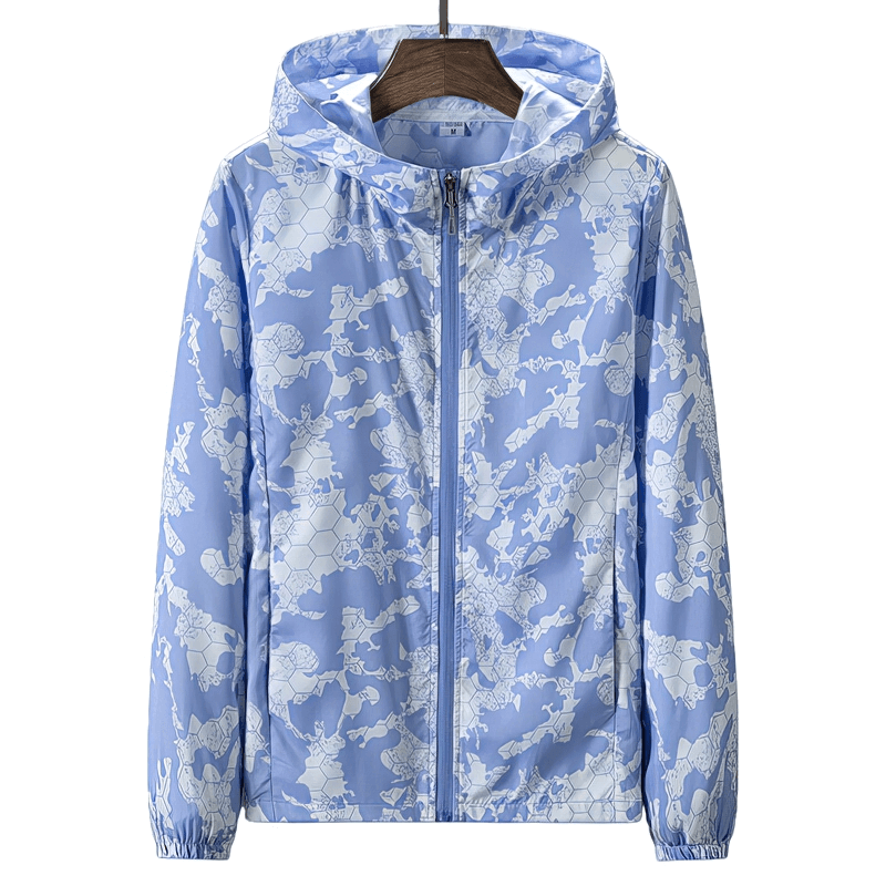 Light blue sun-protective waterproof women's windbreaker jacket with white patterns and a zipper, perfect for outdoor adventures.