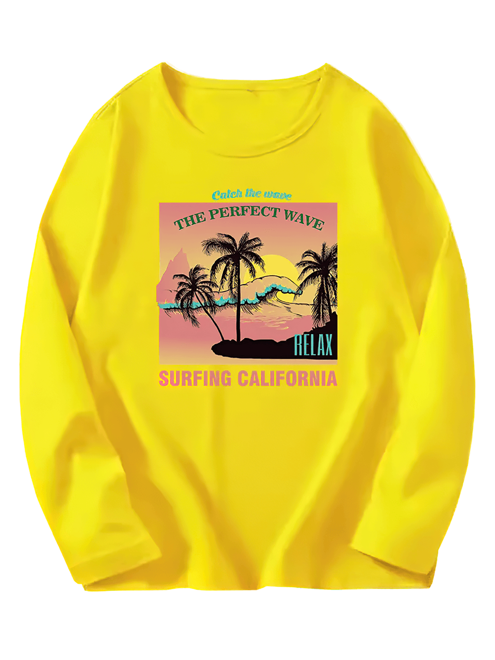 Yellow kids long sleeve top with Surfing California print, featuring palm trees and waves. Ideal for beach lovers.
