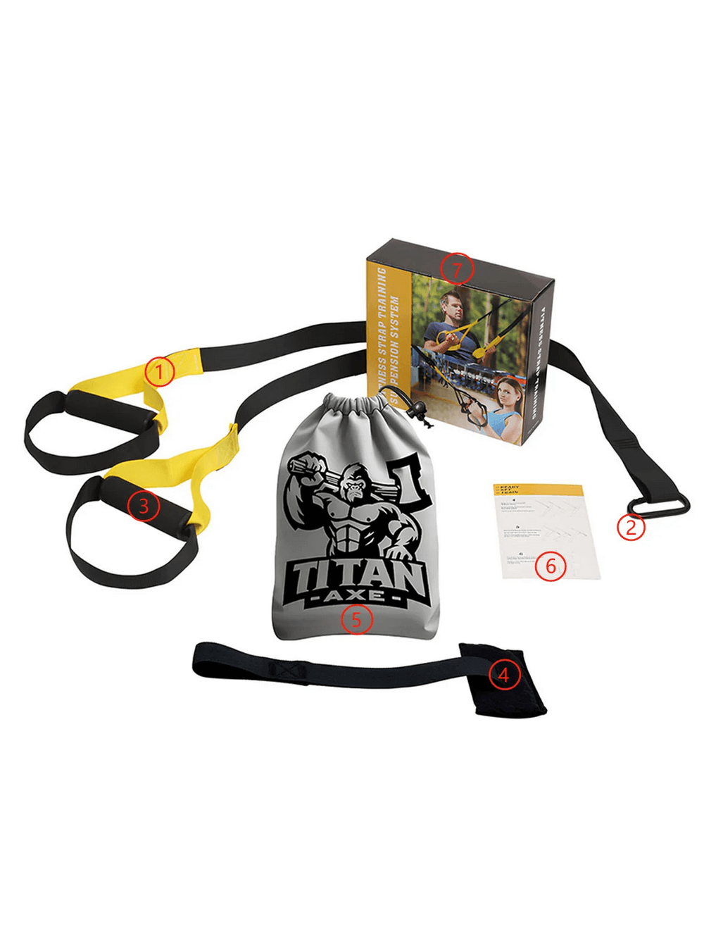 Suspension Trainer Set SF3304 with door anchor, adjustable straps, storage bag, and box. Ideal for home strength and resistance workouts.