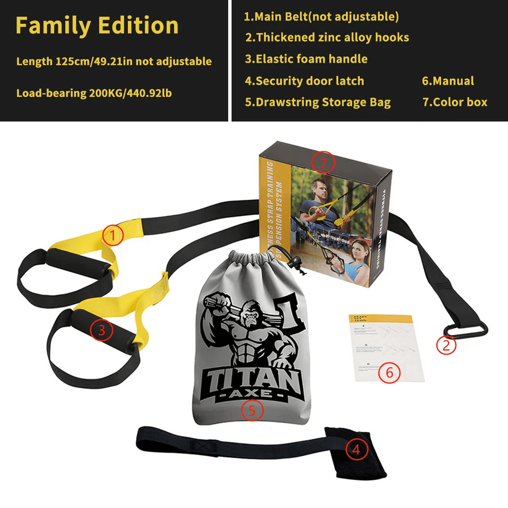 Suspension Trainer Set with door anchor, thick straps, and storage bag for resistance workouts, includes manual and color box.