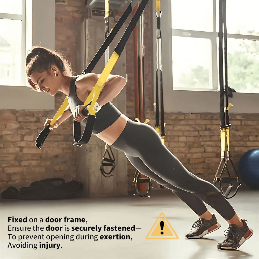 Woman using Suspension Trainer Set SF3304 for strength training in a home gym, showing secure door attachment and adjustable straps.