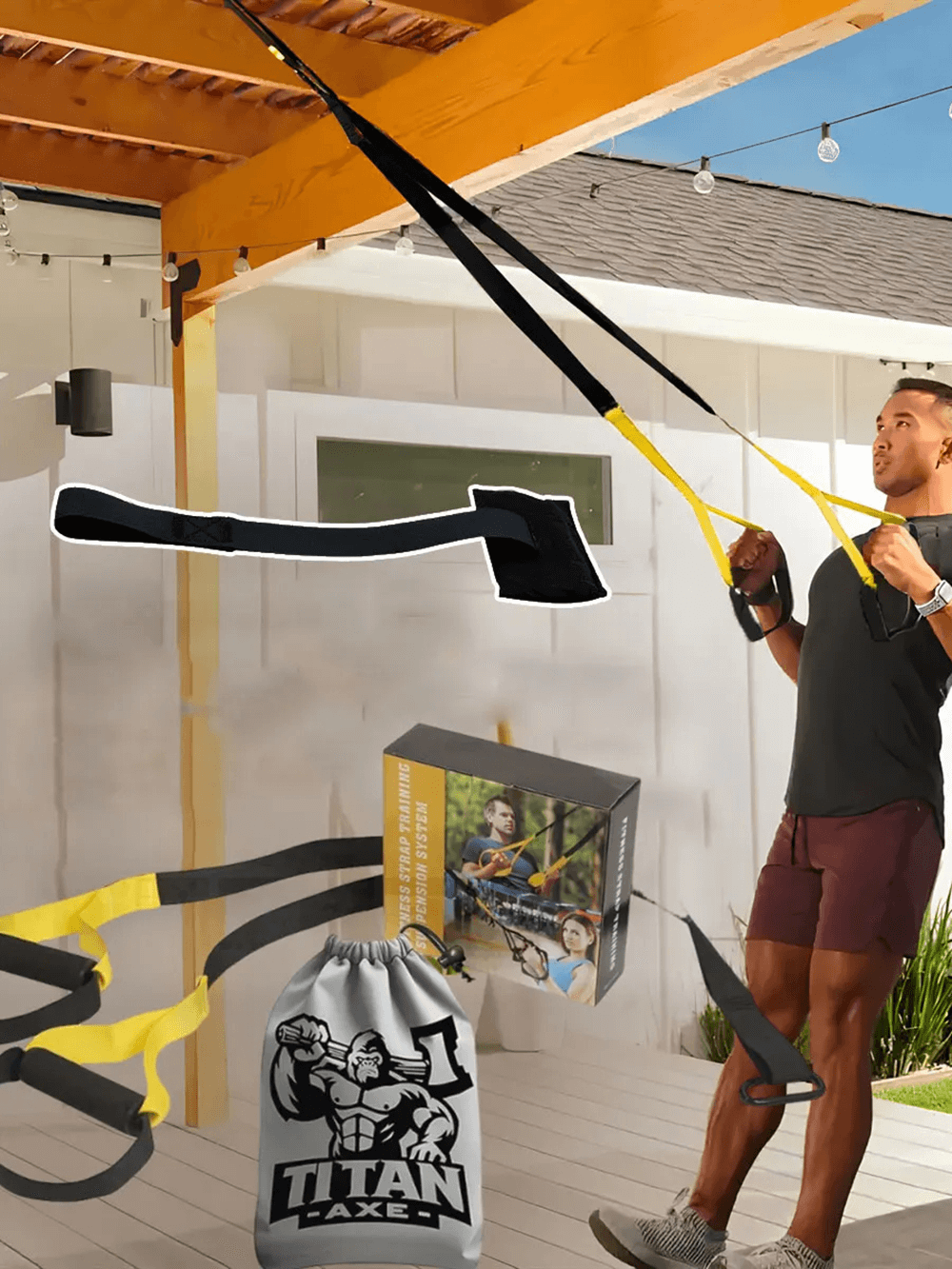 Man using SF3304 Suspension Trainer Set outdoors with adjustable straps, door anchor, and storage bag for strength training.