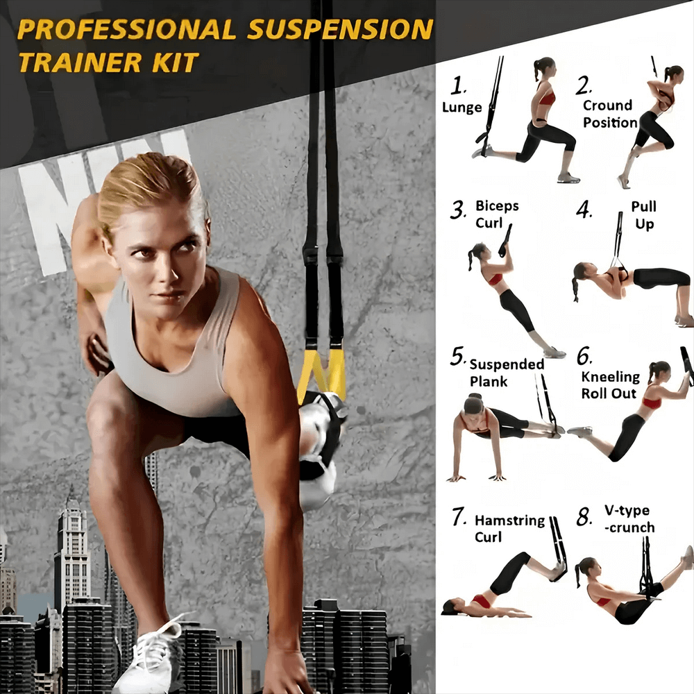 Woman using a professional suspension trainer kit with illustrated workout positions for full-body fitness and home exercise flexibility.