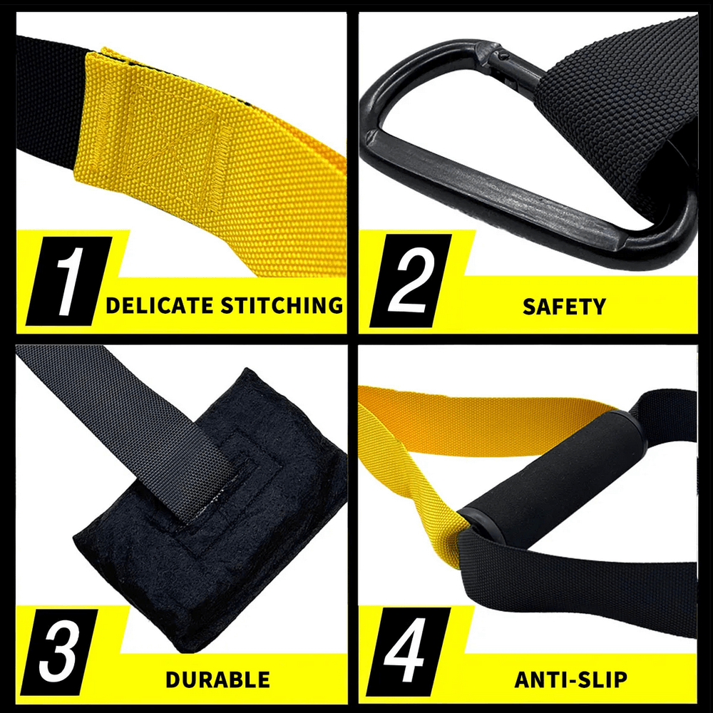 Four images showcasing key features of the SF3304 Suspension Trainer: delicate stitching, safety hook, durable strap, and anti-slip handle.