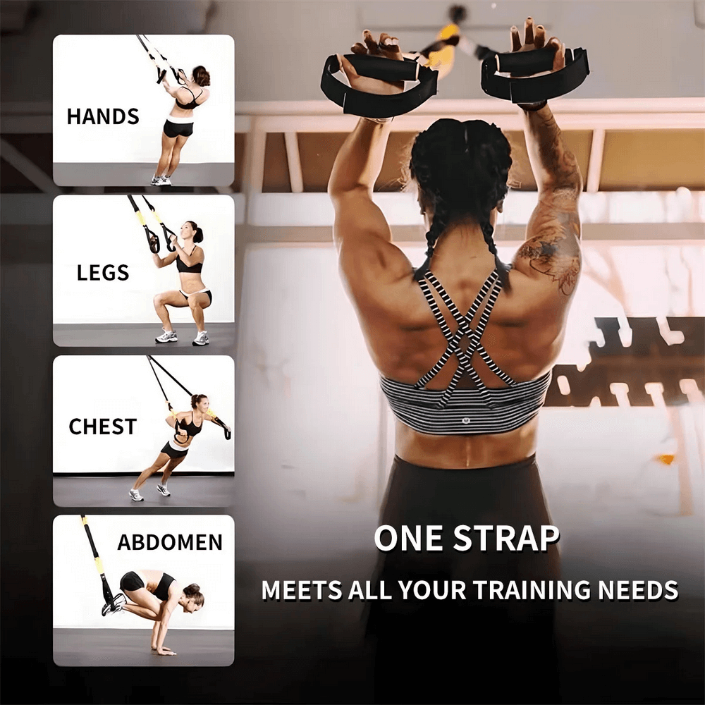 Person using Suspension Trainer SF3304 for hands, legs, chest, and abdomen workouts; highlights versatility of at-home training system.