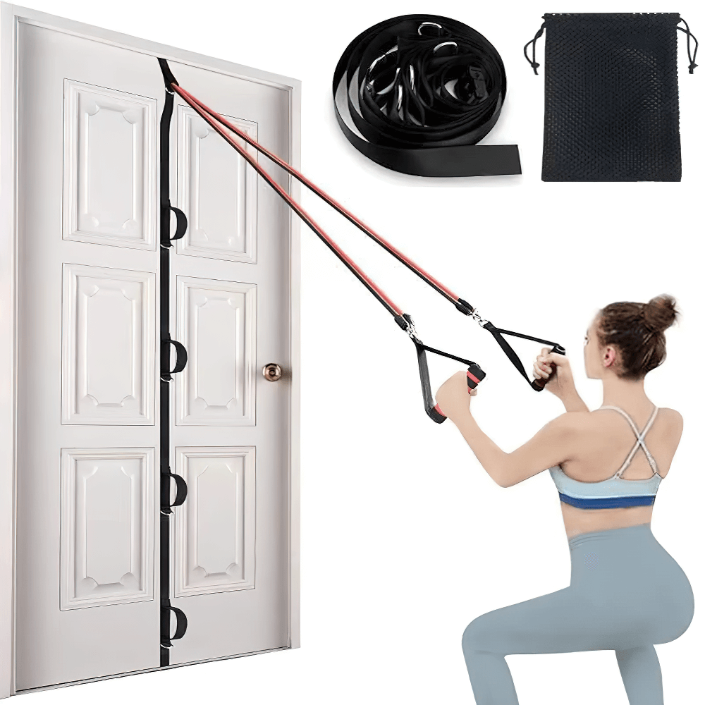 Woman using suspension training straps with door anchor for full-body workout, includes adjustable handles and storage bag, SF3305 model.