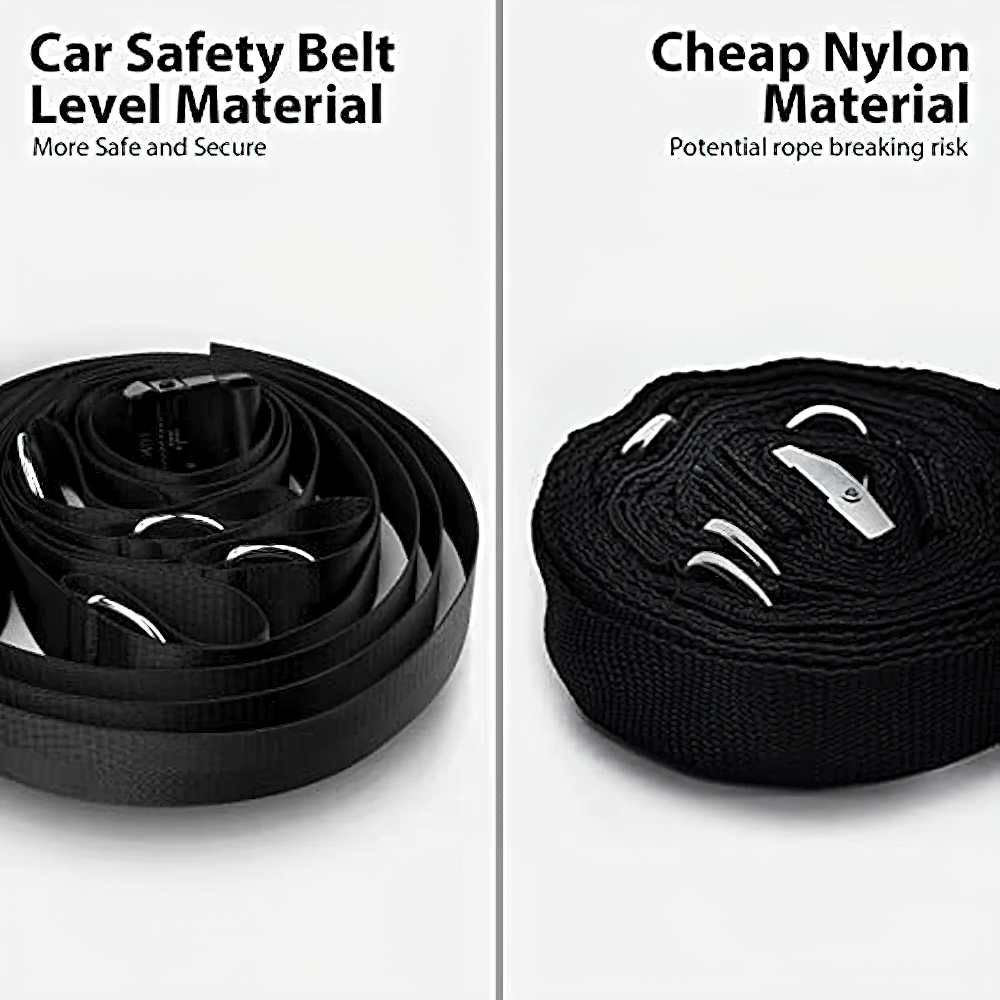 Comparison of suspension straps: Car Safety Belt Level Material vs Cheap Nylon, highlighting safety and durability differences.