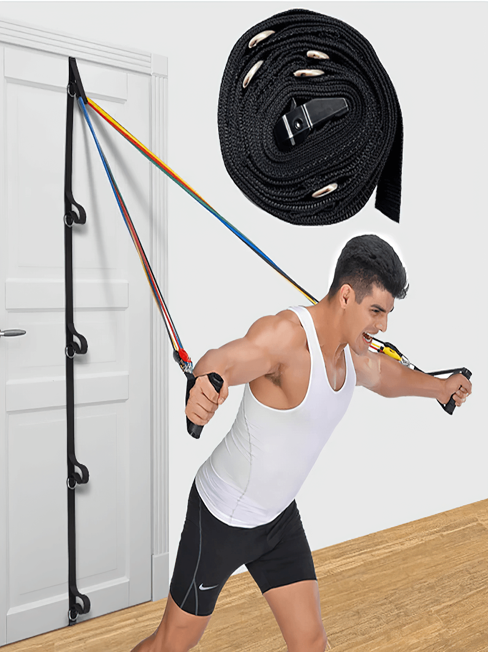 Man using Suspension Training Strap SF3305 for full-body workout with door anchor, adjustable resistance bands, and handles.