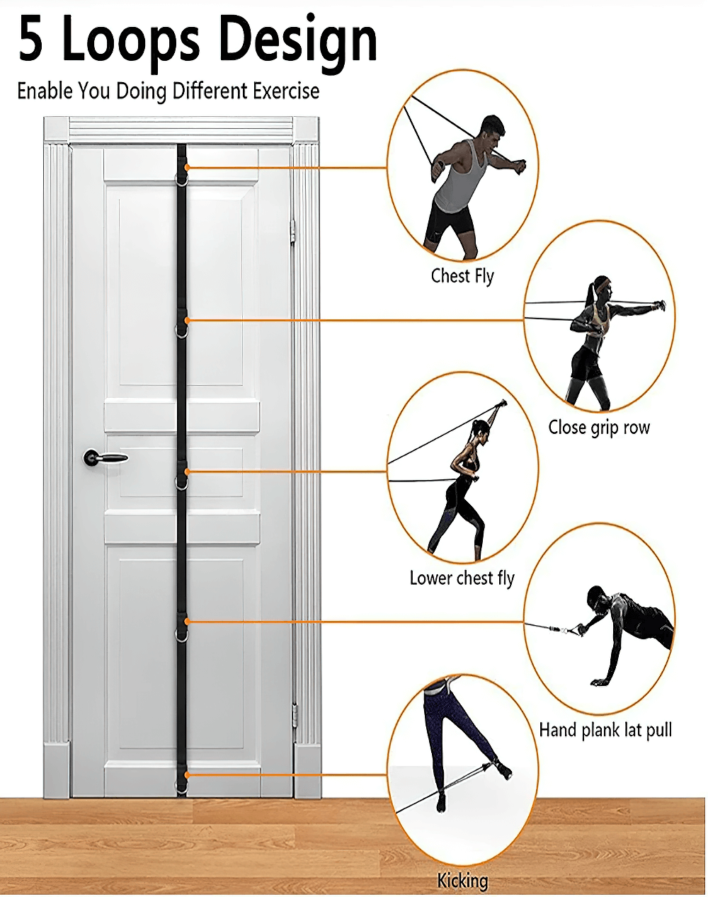 Illustration of a suspension training strap with door anchor featuring 5 loops for exercises like chest fly, close grip row, and kicking.