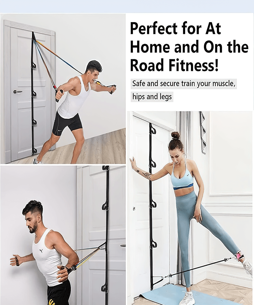 People using suspension training strap with door anchor for home workouts, engaging muscles and legs. Ideal for full body exercise.