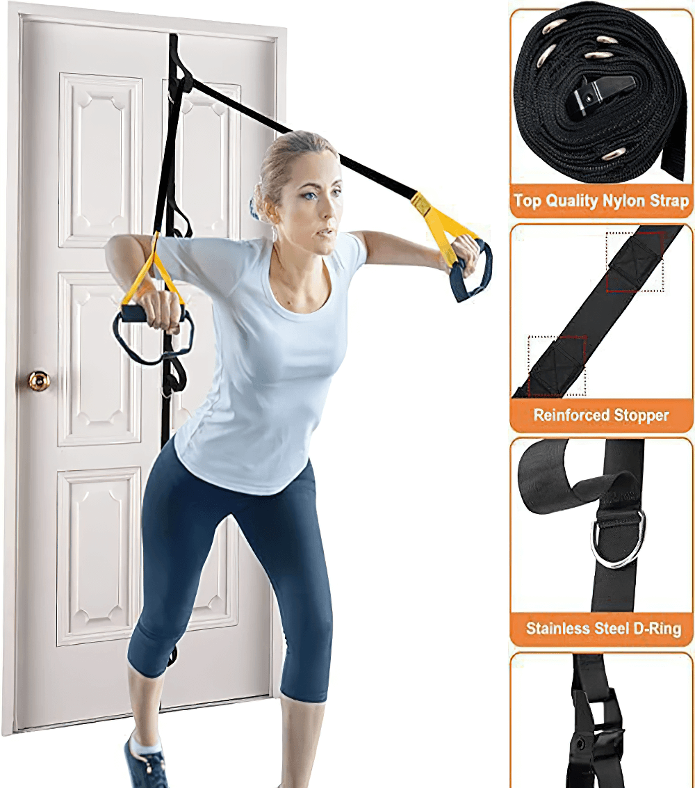 Woman using SF3305 suspension training strap with door anchor for a full body workout, featuring adjustable handles and durable straps.