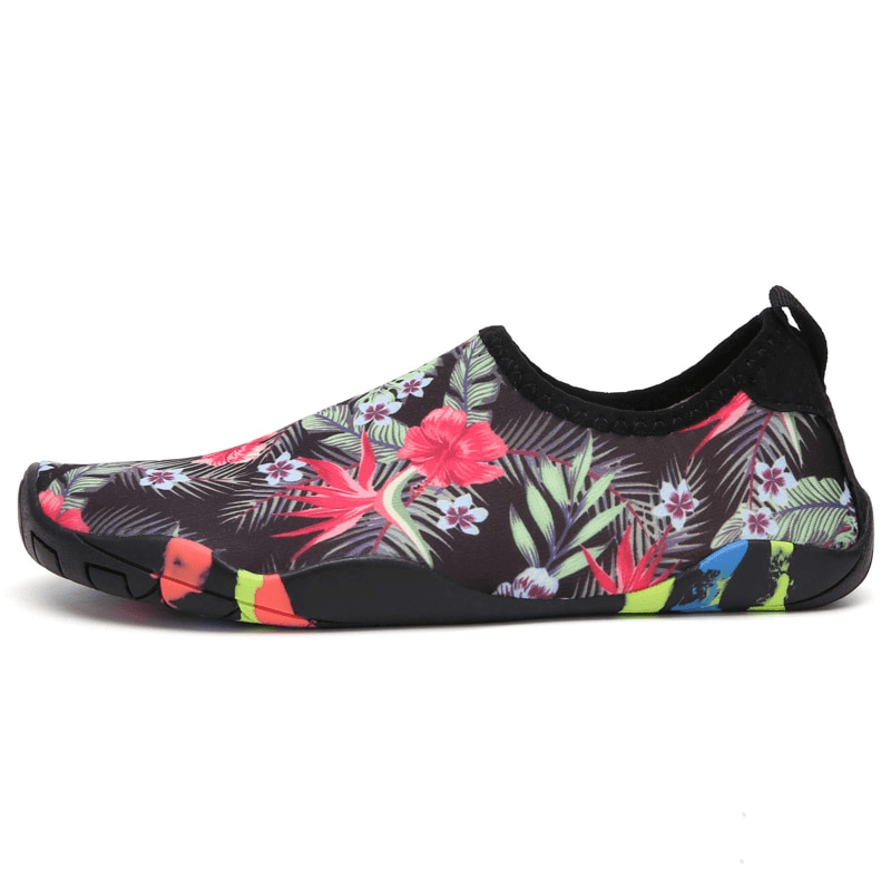 Colorful swimming printed non-slip quick dry unisex beach footwear, SF1470, with vibrant floral design for safe beach activities.