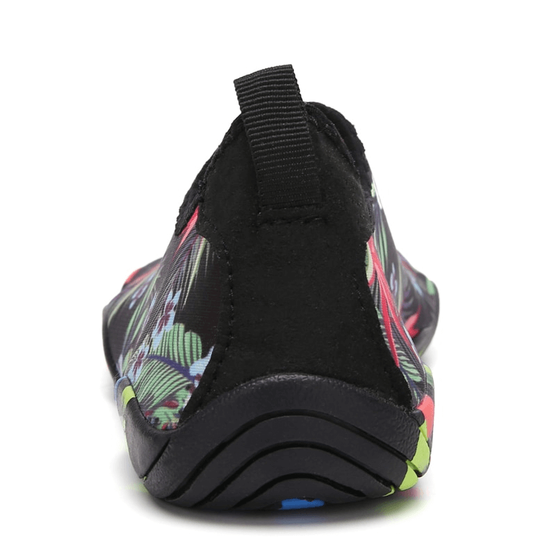 Back view of swimming printed non-slip unisex beach shoes, featuring a colorful quick-dry design for safe beach activities.