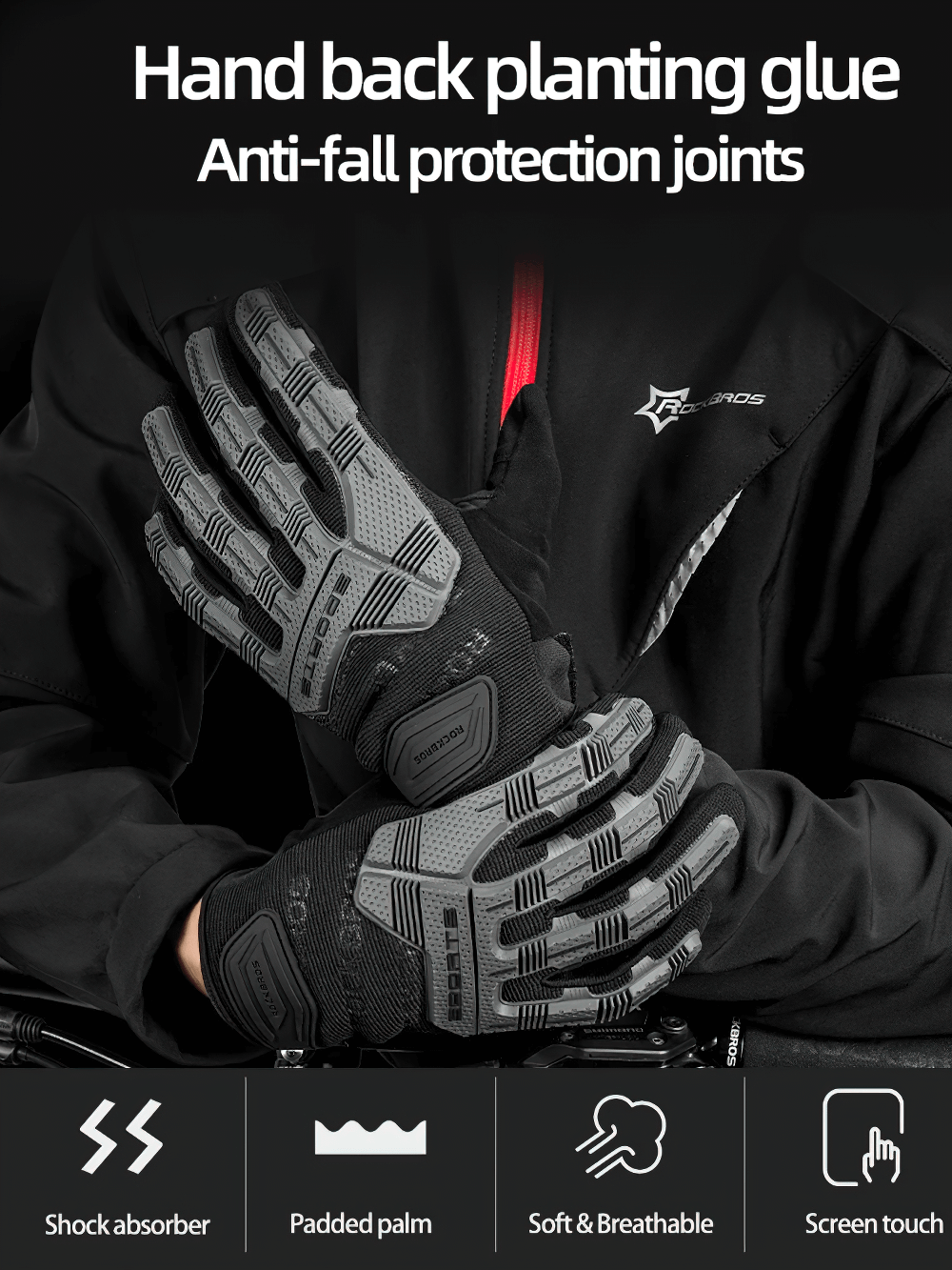Tactical gloves with shock absorption and anti-fall joints, featuring padded palms and touchscreen capability for safety and outdoor use.