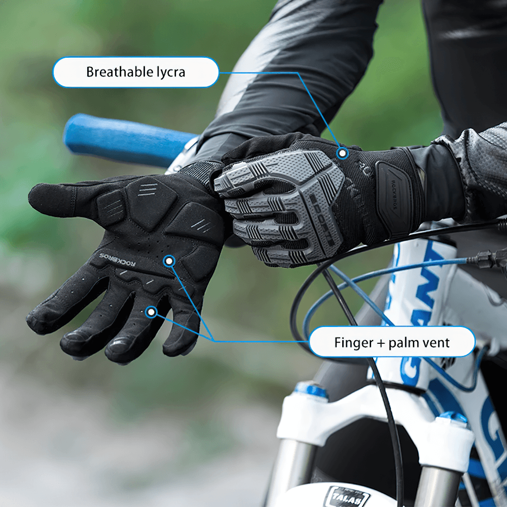 Cyclist wearing tactical gloves SF2629 with shock absorption and grip, showing breathable lycra and finger vent design features.