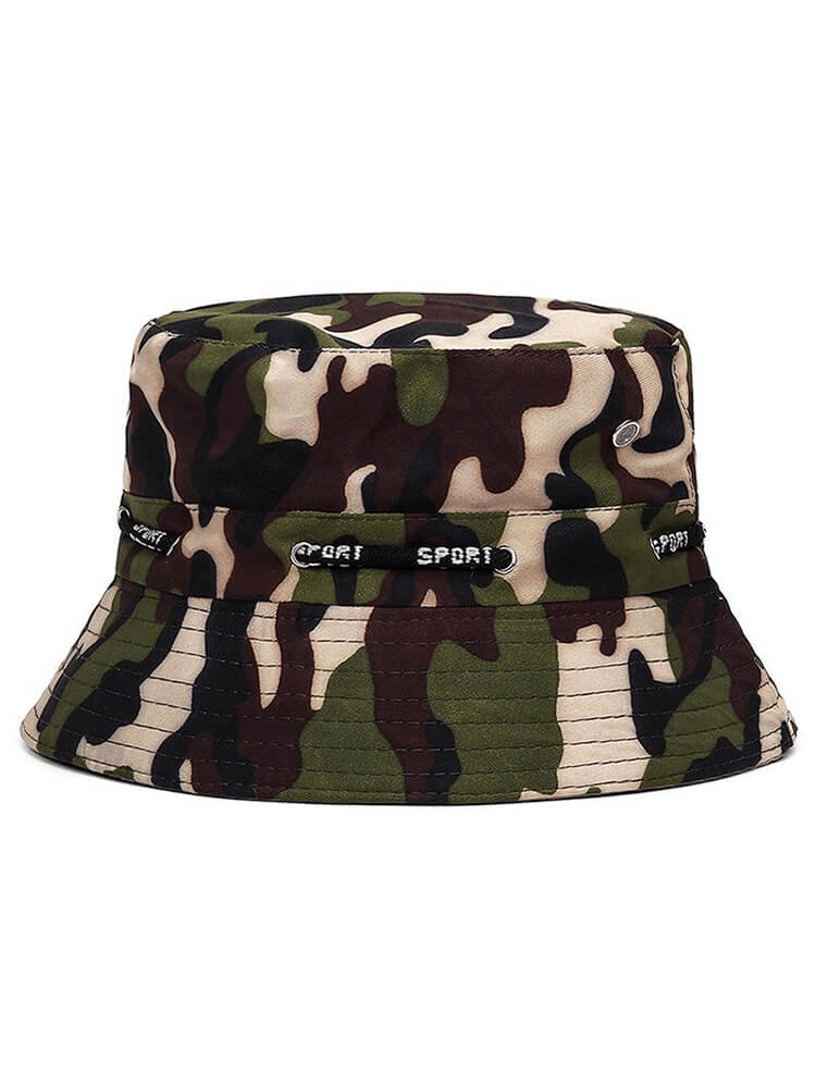 Camouflage tactical bucket hat for men and women with all-over geometric pattern, offering UPF 50+ sun protection, perfect for outdoor adventures.