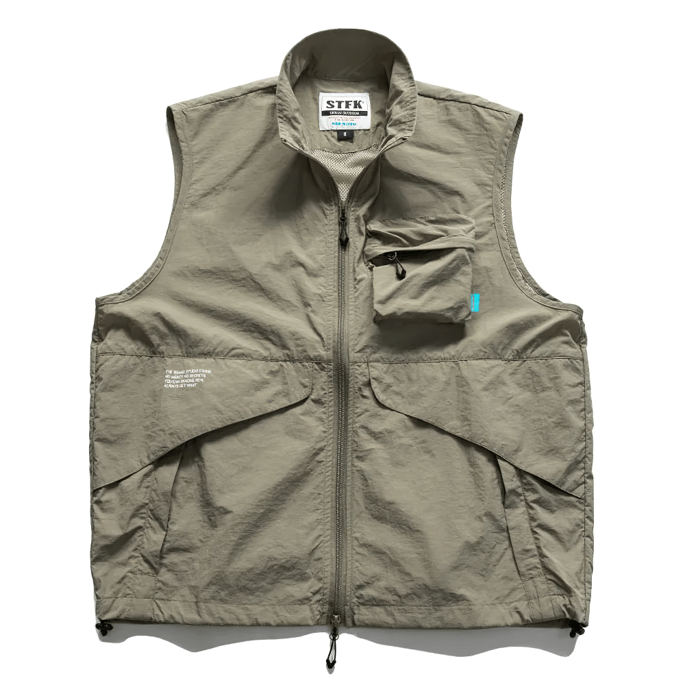 Men's tactical utility vest with multi-pocket design and zip closure, perfect for outdoor adventure and streetwear versatility.