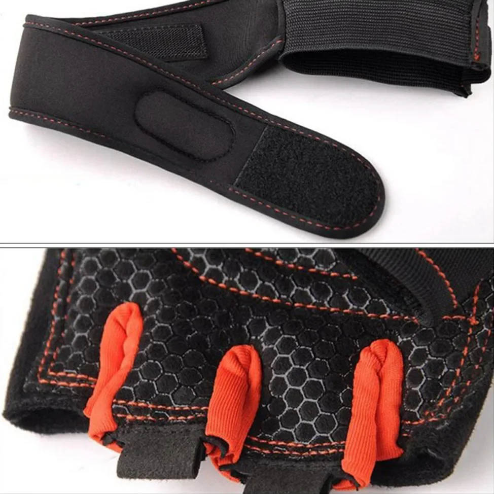 Sleek black gym gloves with orange accents and wrist support, featuring padded palms and breathable fabric for enhanced grip.
