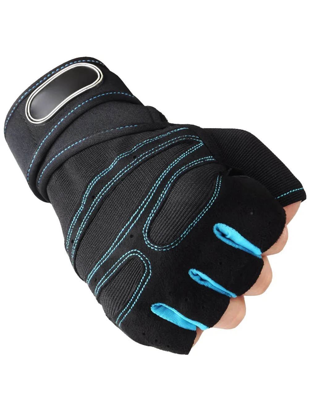 Black fitness glove with teal trim and wrist support for enhanced grip and protection during workouts, perfect for weightlifting.