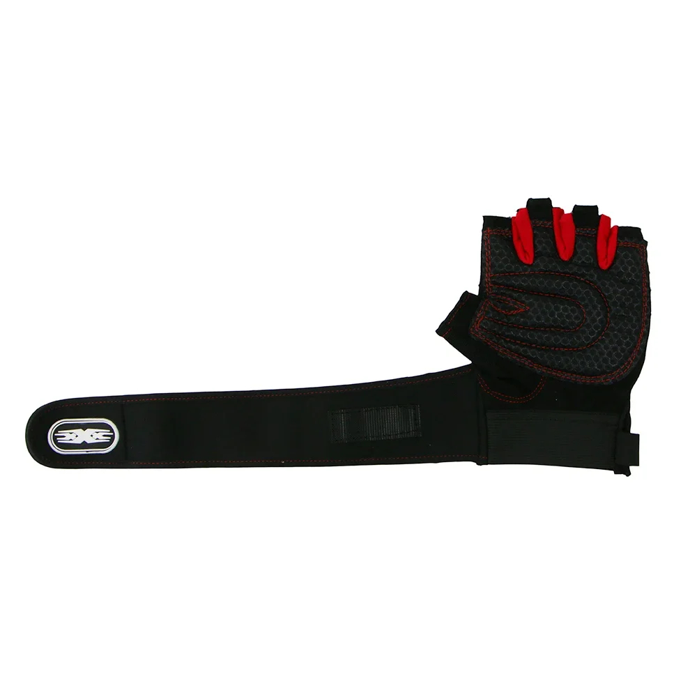 Black gym glove with red accents and extended wrist wrap for support, featuring a durable, padded palm design for enhanced grip.