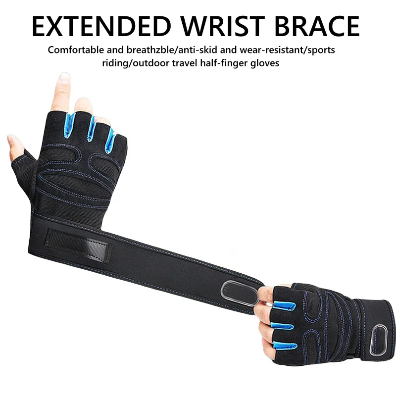 Black gym gloves with teal accents, extended wrist brace showcased for support, promoting durability and grip in workouts.