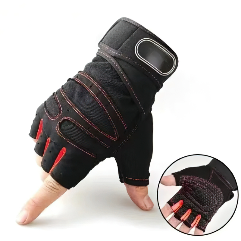 Black fitness gloves with teal trim featuring wrist support and padded palms for weightlifting and workouts.