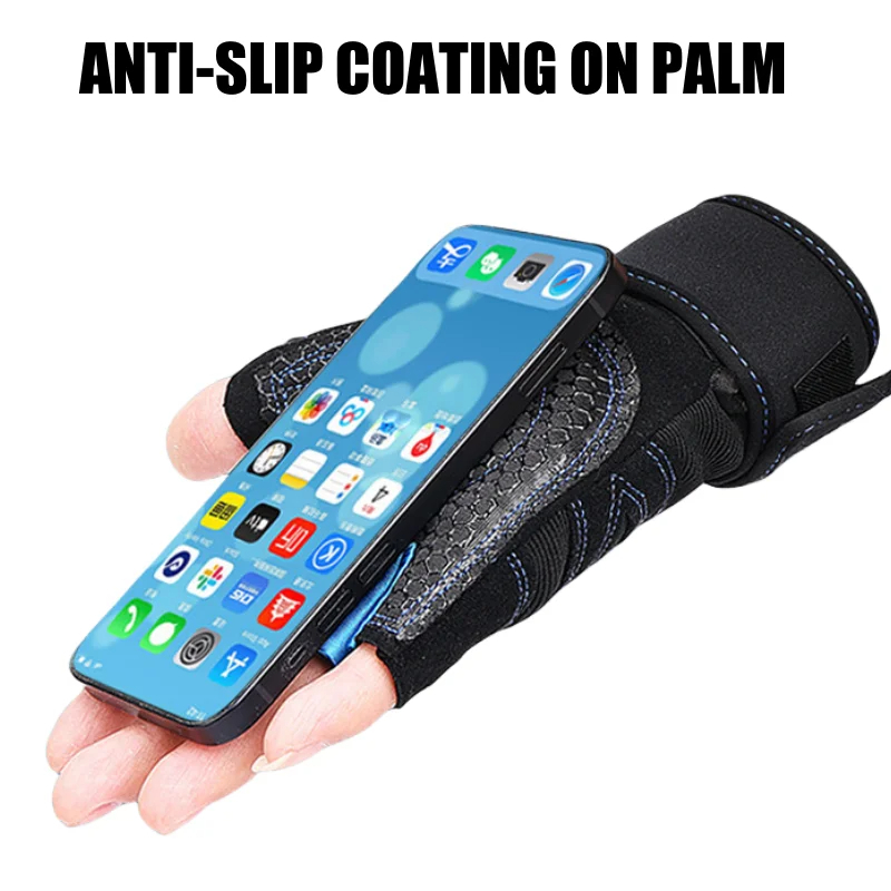 Teal trim gym glove with phone demonstrating anti-slip palm coating for grip and support.