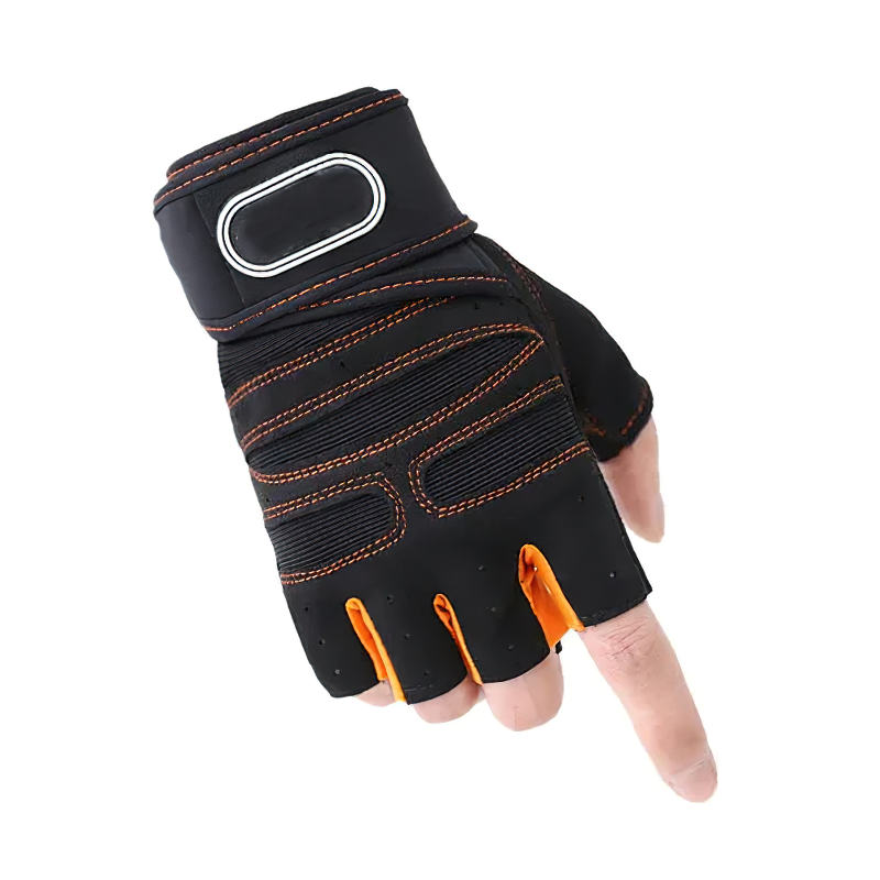 Black fitness glove with orange trim, featuring wrist support and padded palms for enhanced grip and protection during workouts.