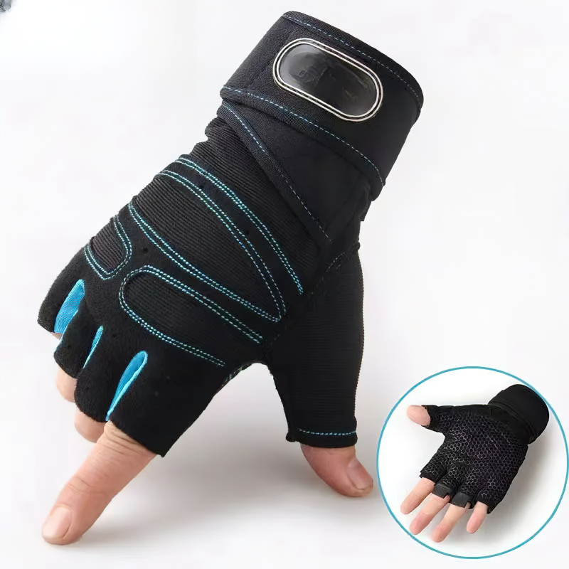 Black gym gloves with teal trim and wrist support, perfect for weightlifting and CrossFit. Features padded palms for grip and protection.