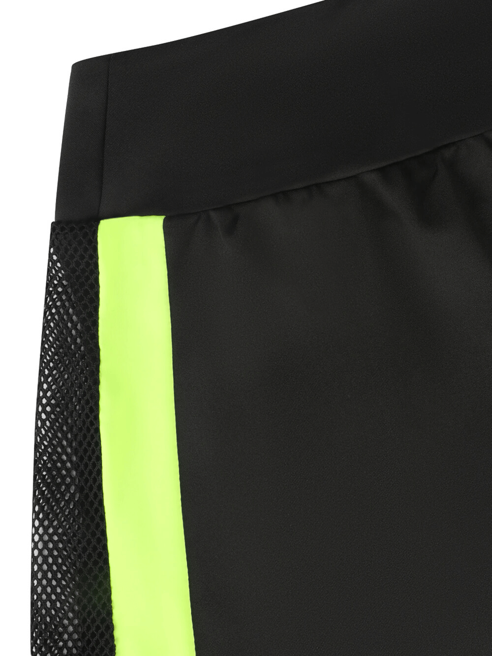 Alt Tag: Tennis Skort with Mesh Pocket and Contrast Trim - SF4389 black high-waist skort close-up with mesh pocket and neon contrast trim
