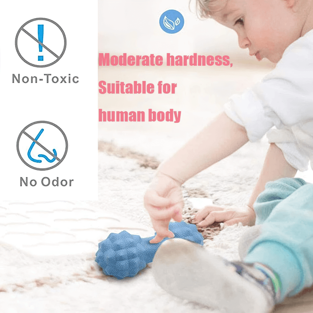 Child playing with non-toxic, odorless blue textured massage roller, showcasing moderate hardness and safety for human use.