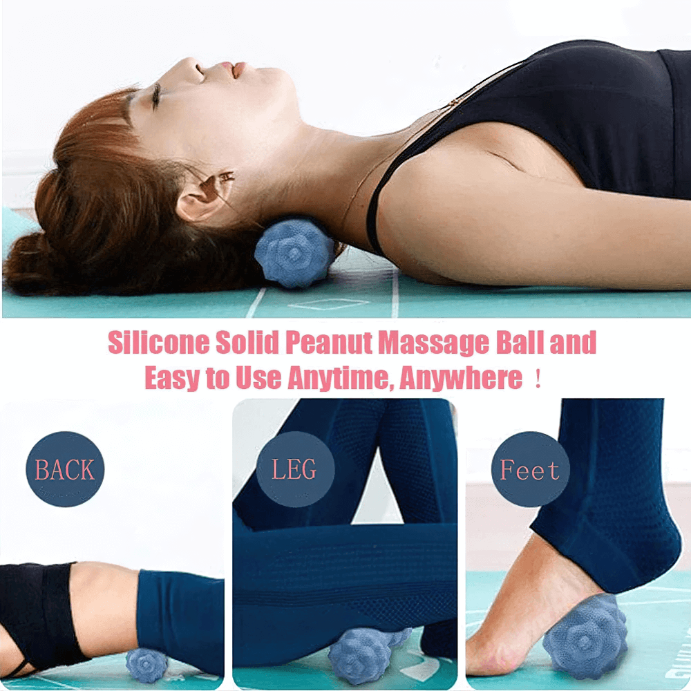 Woman using silicone peanut massage ball for trigger point therapy on back, leg, and foot. Perfect for anytime, anywhere use!