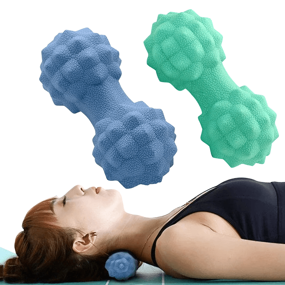 Woman using a blue textured massage roller for deep tissue relief, showcasing myofascial release. Green roller also displayed. SF3257
