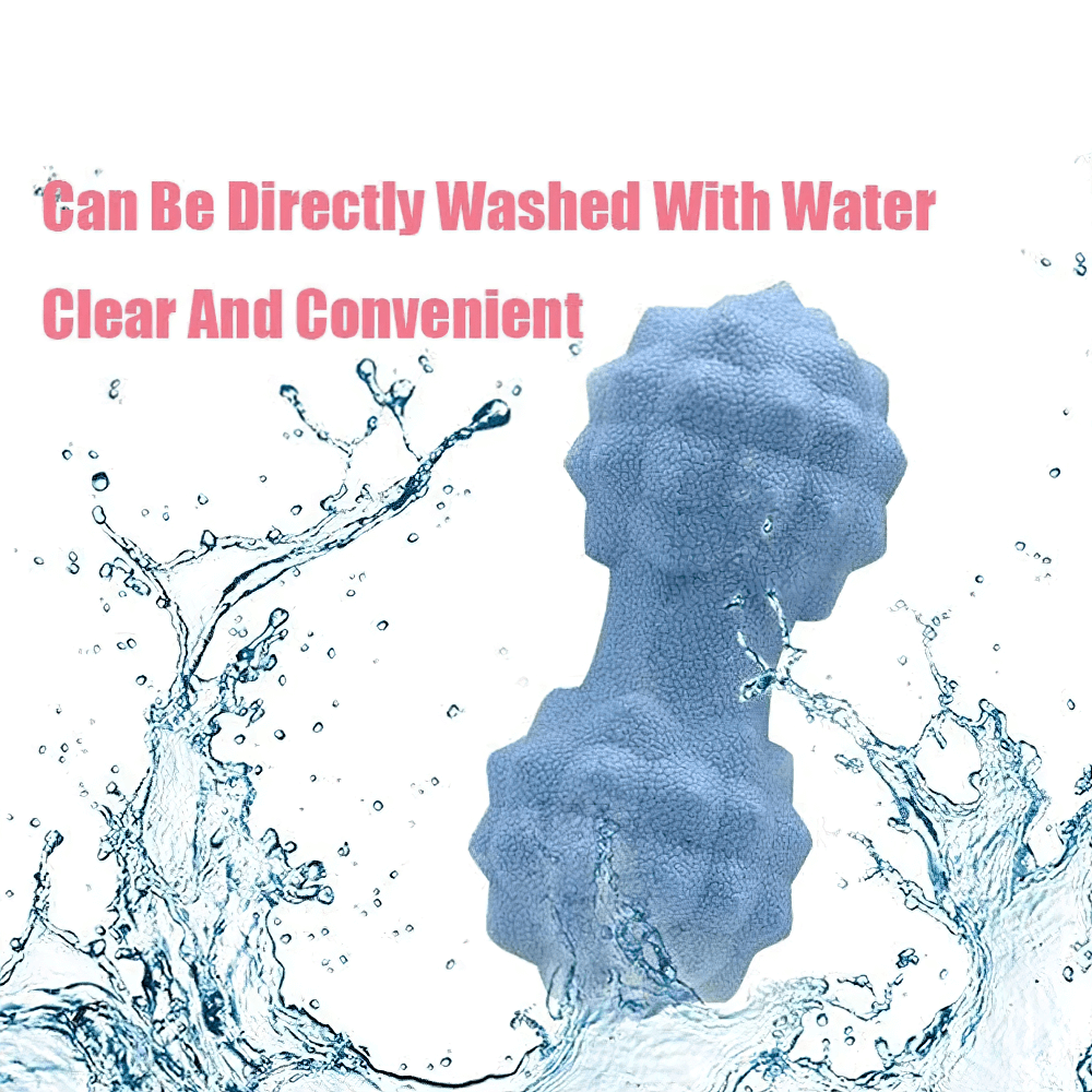 Blue textured deep tissue dumbbell massage roller splashing in water, highlighting its washable design for convenience and hygiene.