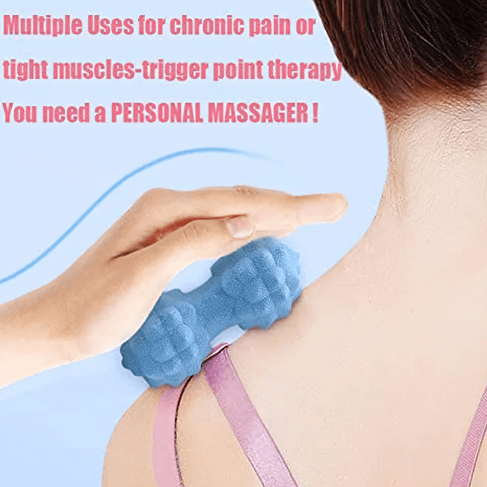 Using a textured muscle massage roller for neck trigger point therapy to relieve chronic pain and tight muscles.