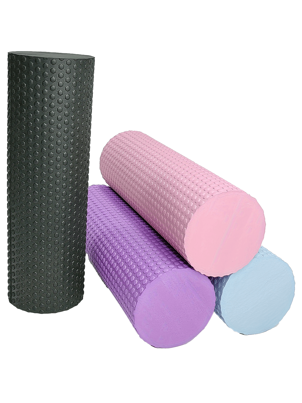 Colorful textured EVA foam rollers for muscle recovery and massage.