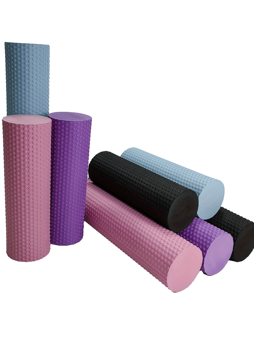 Colorful textured EVA foam rollers for muscle recovery and flexibility, perfect for yoga, Pilates, and strength training.