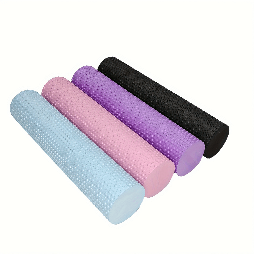 Set of four textured EVA foam rollers in pastel and black shades for muscle recovery and flexibility. Ideal for yoga and Pilates sessions.