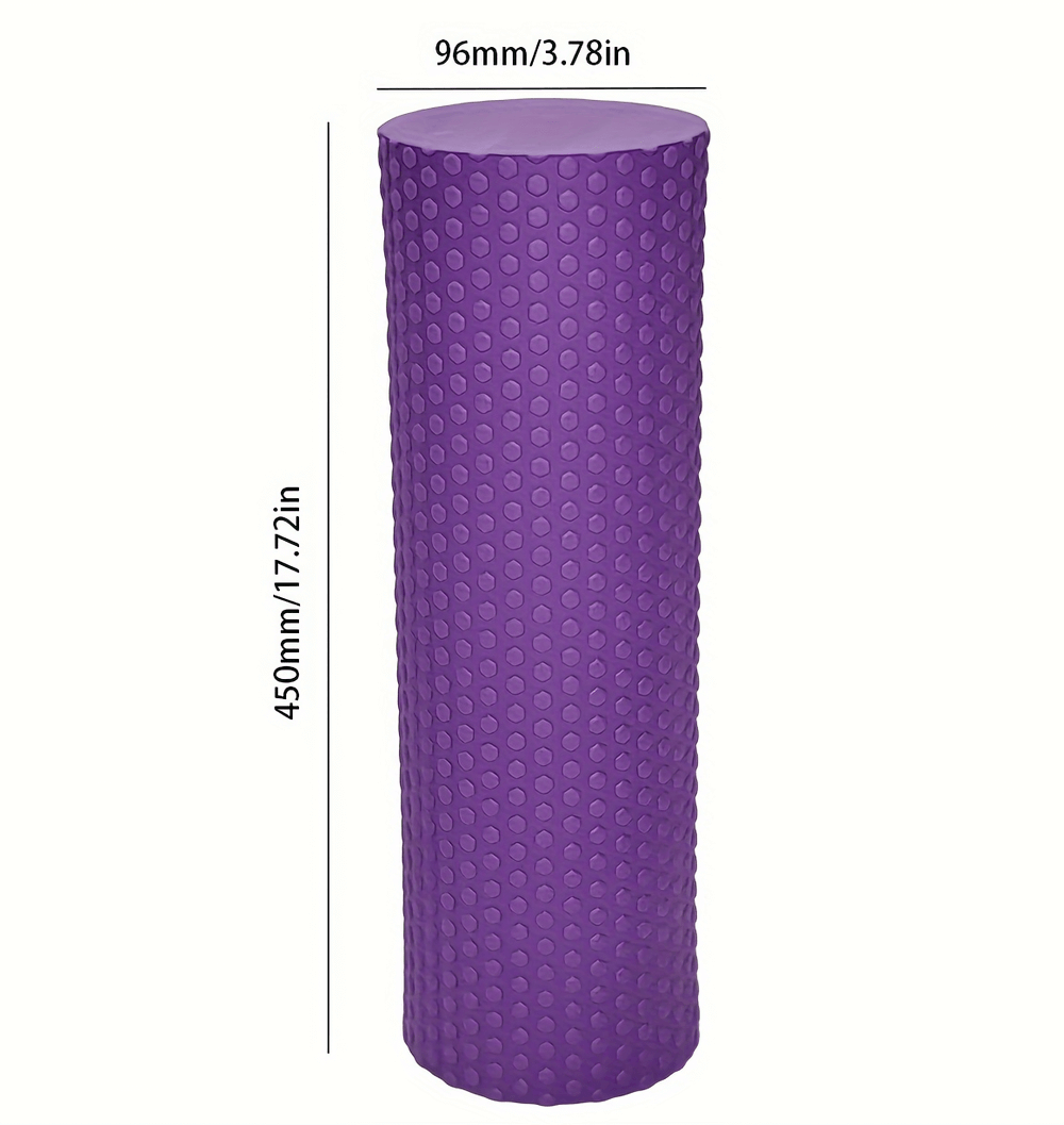 Purple textured EVA foam roller for muscle recovery, dimensions 450mm x 96mm, ideal for flexibility and deep tissue massage.