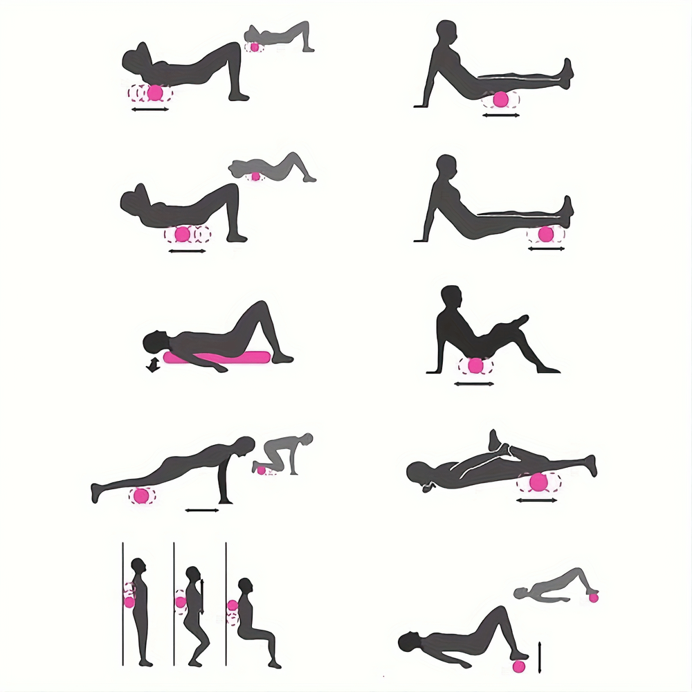 Illustration of exercises using a textured EVA foam roller for muscle recovery and flexibility.