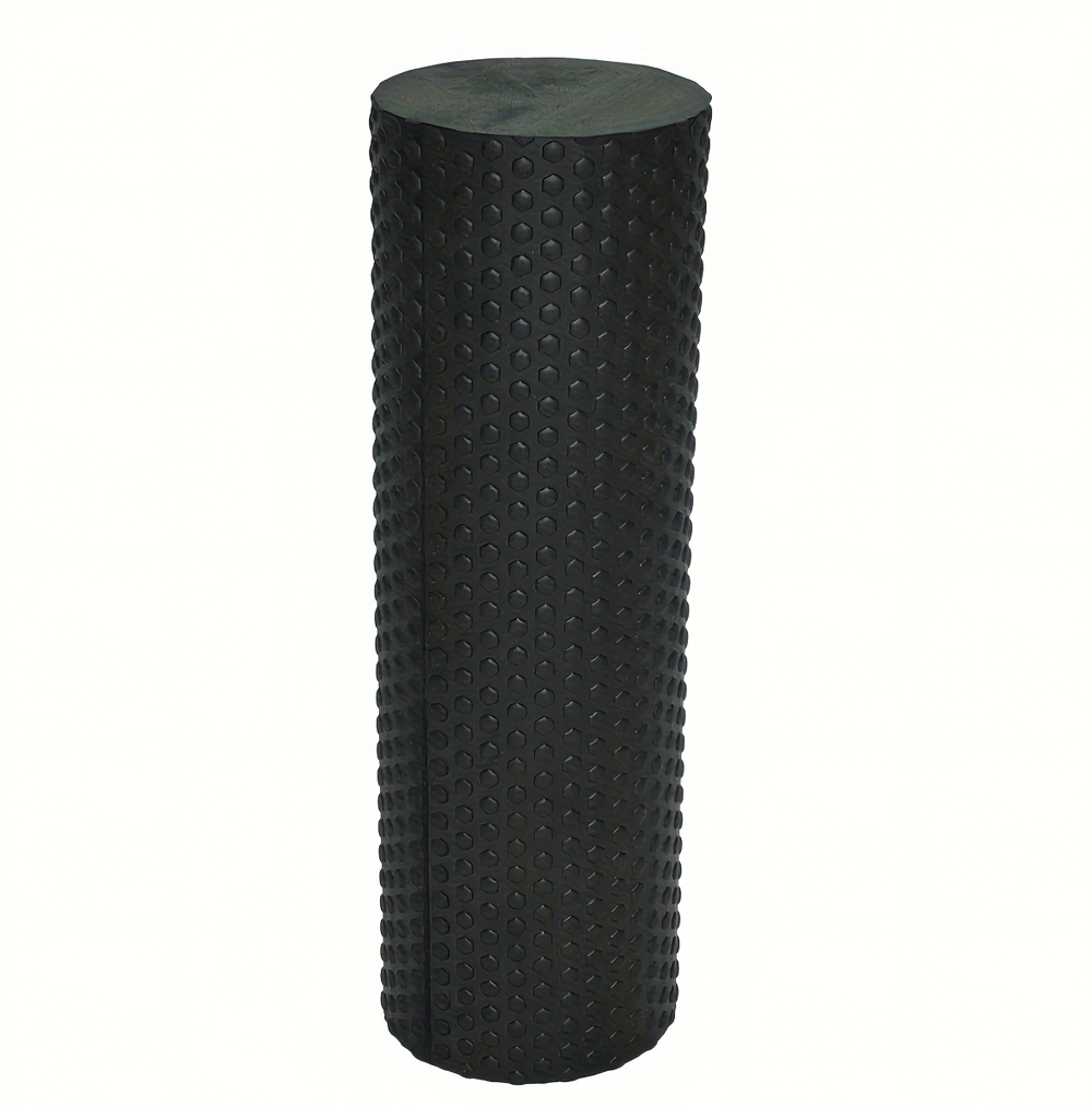 Black textured EVA foam roller for muscle recovery and deep tissue massage, ideal for yoga and strength training.