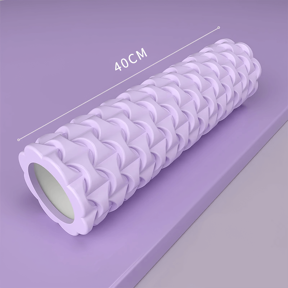 Purple textured foam roller 40cm for yoga and fitness; ideal for deep tissue massage, muscle recovery, and flexibility improvement.
