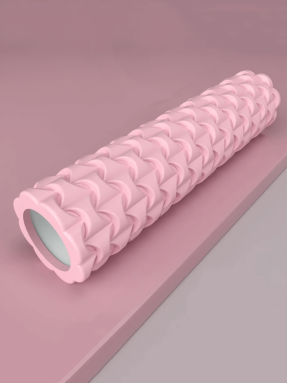 Pink textured foam roller 50cm for yoga and fitness. Ideal for deep tissue massage, muscle recovery, and physical therapy. Model SF3418.