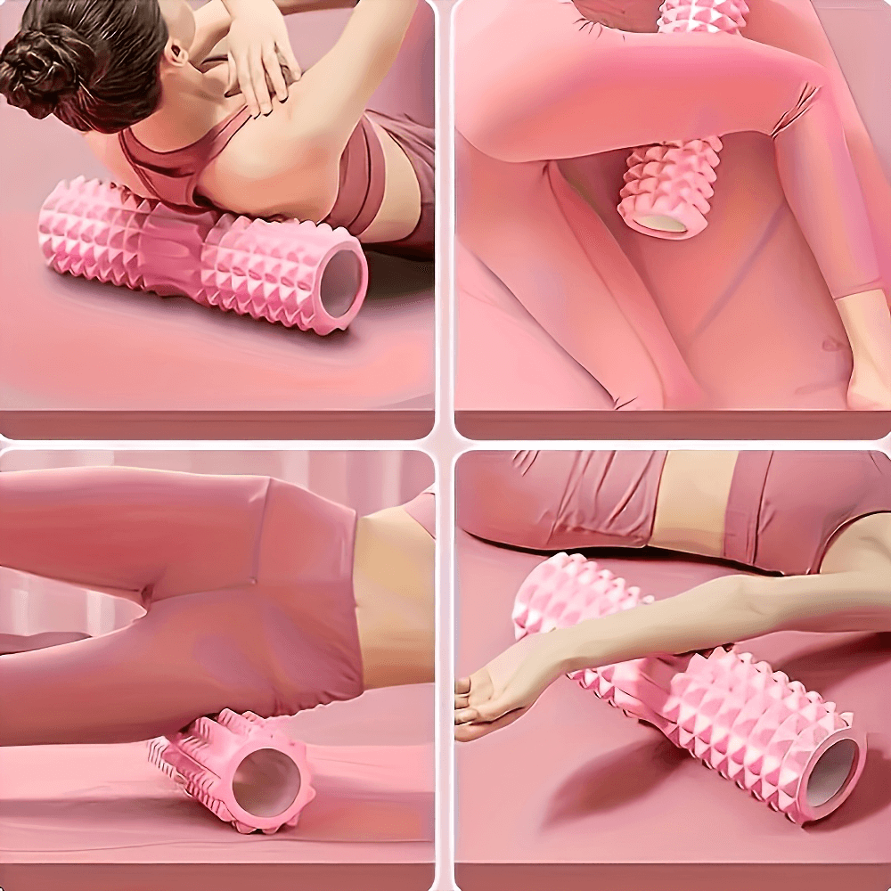 Woman using a pink textured foam roller, SF2819, for deep tissue muscle massage and body recovery during yoga and Pilates routine.