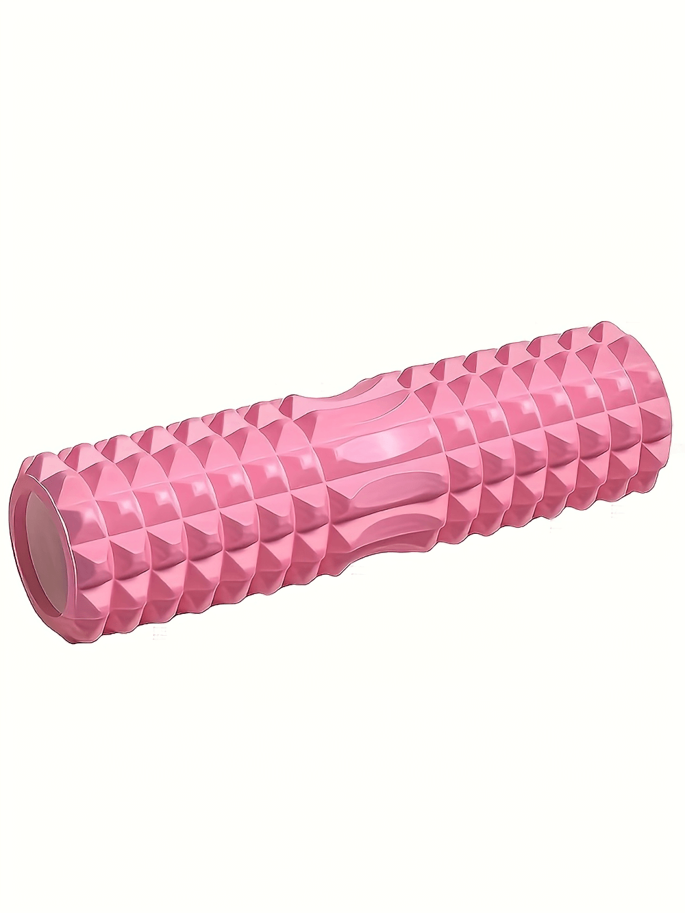 Textured pink foam roller for deep tissue massage, ideal for yoga and Pilates, enhances muscle recovery and flexibility.