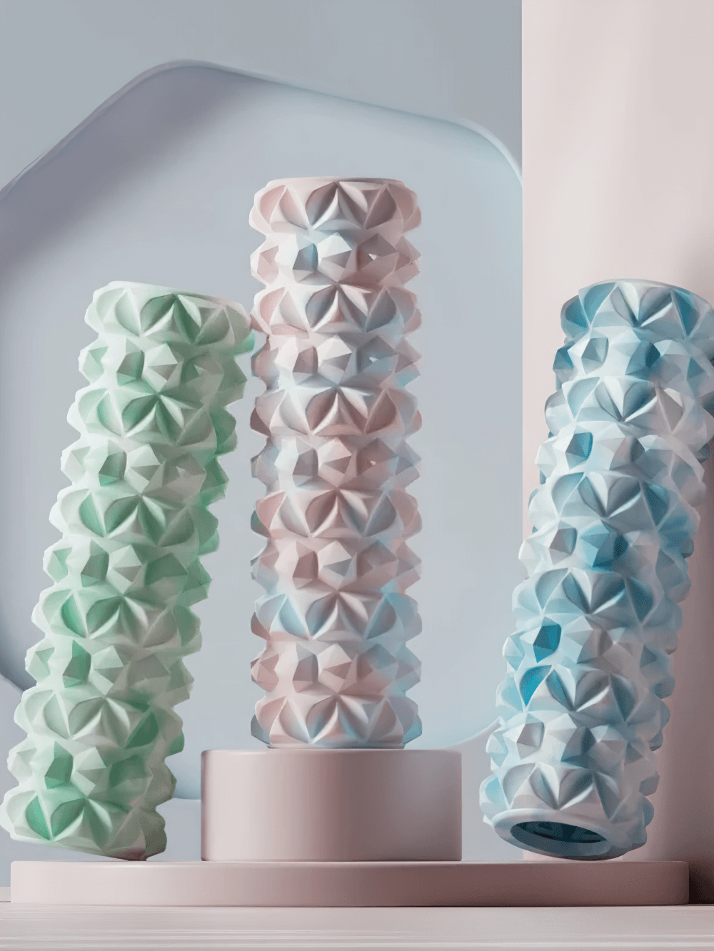 Textured foam rollers in pastel colors for yoga and massage therapy. Enhance workout recovery with SF3294 myofascial release tool.