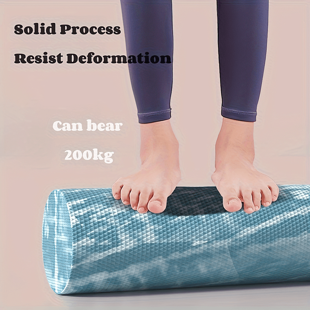 Person balancing on textured foam roller demonstrating solid process and 200kg weight capacity.