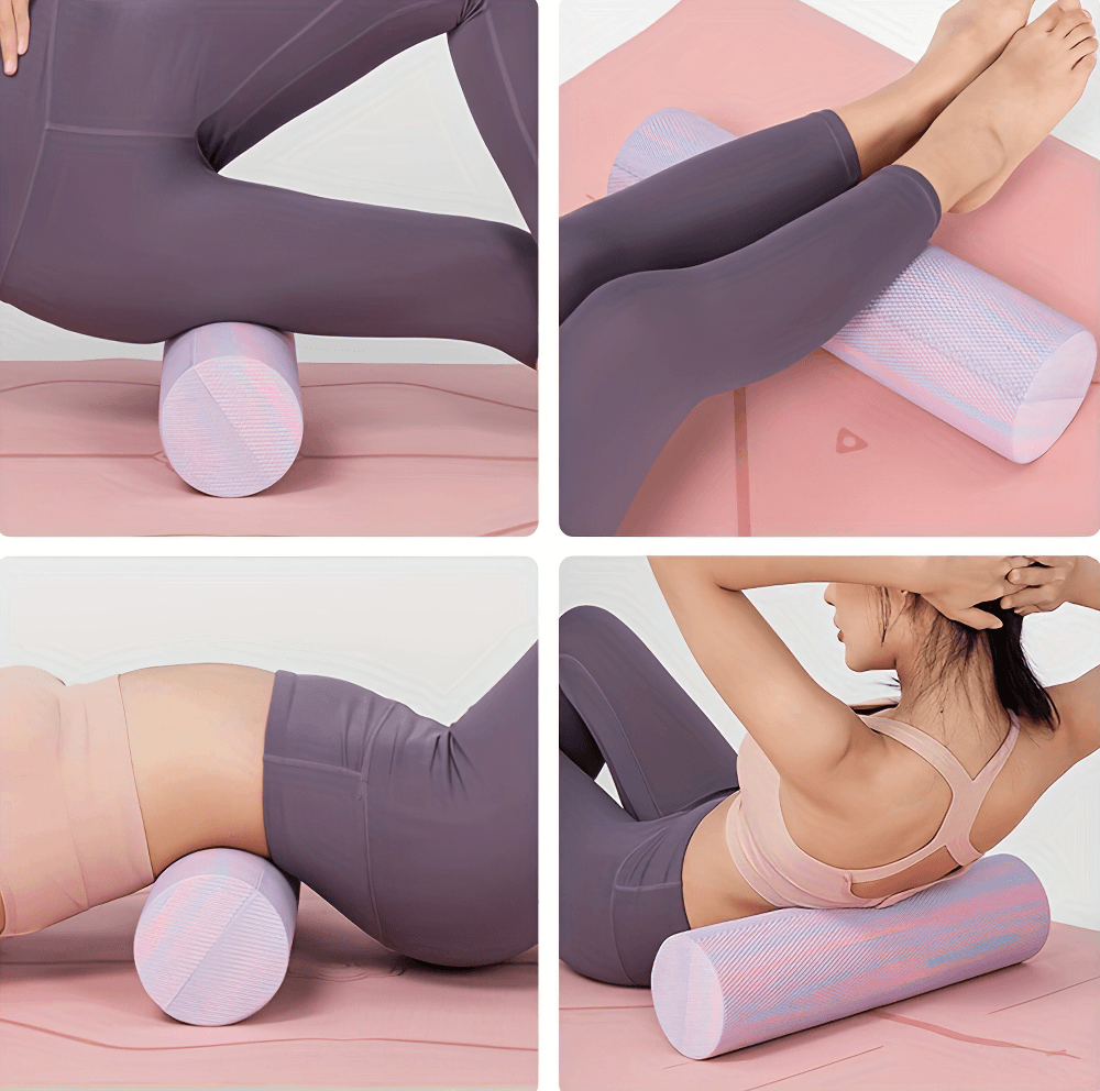 Using a textured foam roller for deep muscle relief and flexibility during yoga and fitness exercises; mixed color roller showcased.